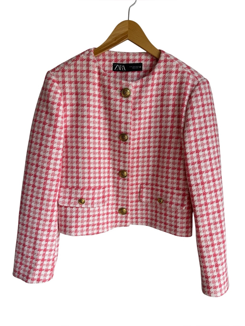 Zara Houndstooth Blazer Medium Button Front Pink White Gold Preppy Chic Academia